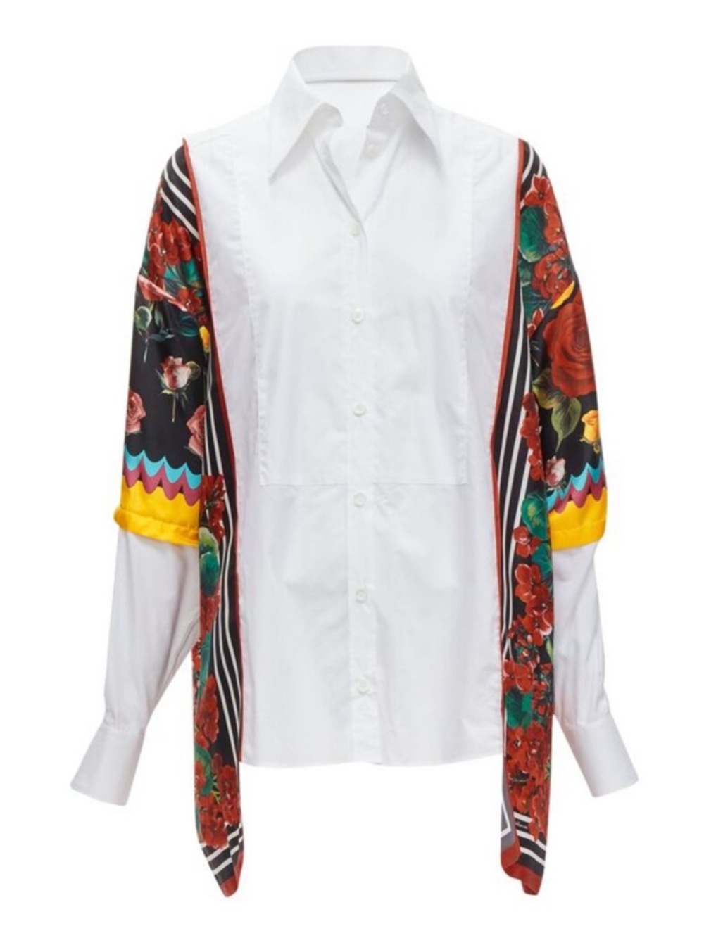 Dolce & Gabbana White Shirt with Floral Scarf Sleeves and Yellow Accents